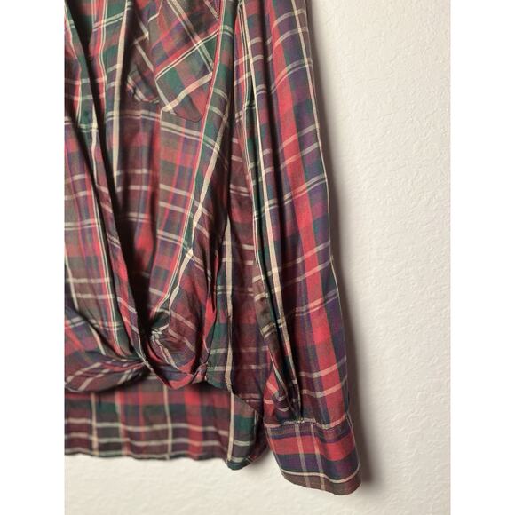 Lauren Ralph Lauren Plaid Twist Front Blouse L Red Green Long Sleeve Draped - Picture 3 of 11